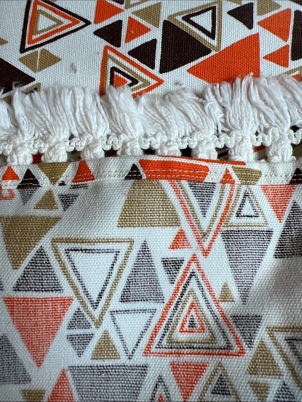 Vintage 1970’s 4’ square (47”) retro Atomic  print cotton fringe tablecloth MCM
